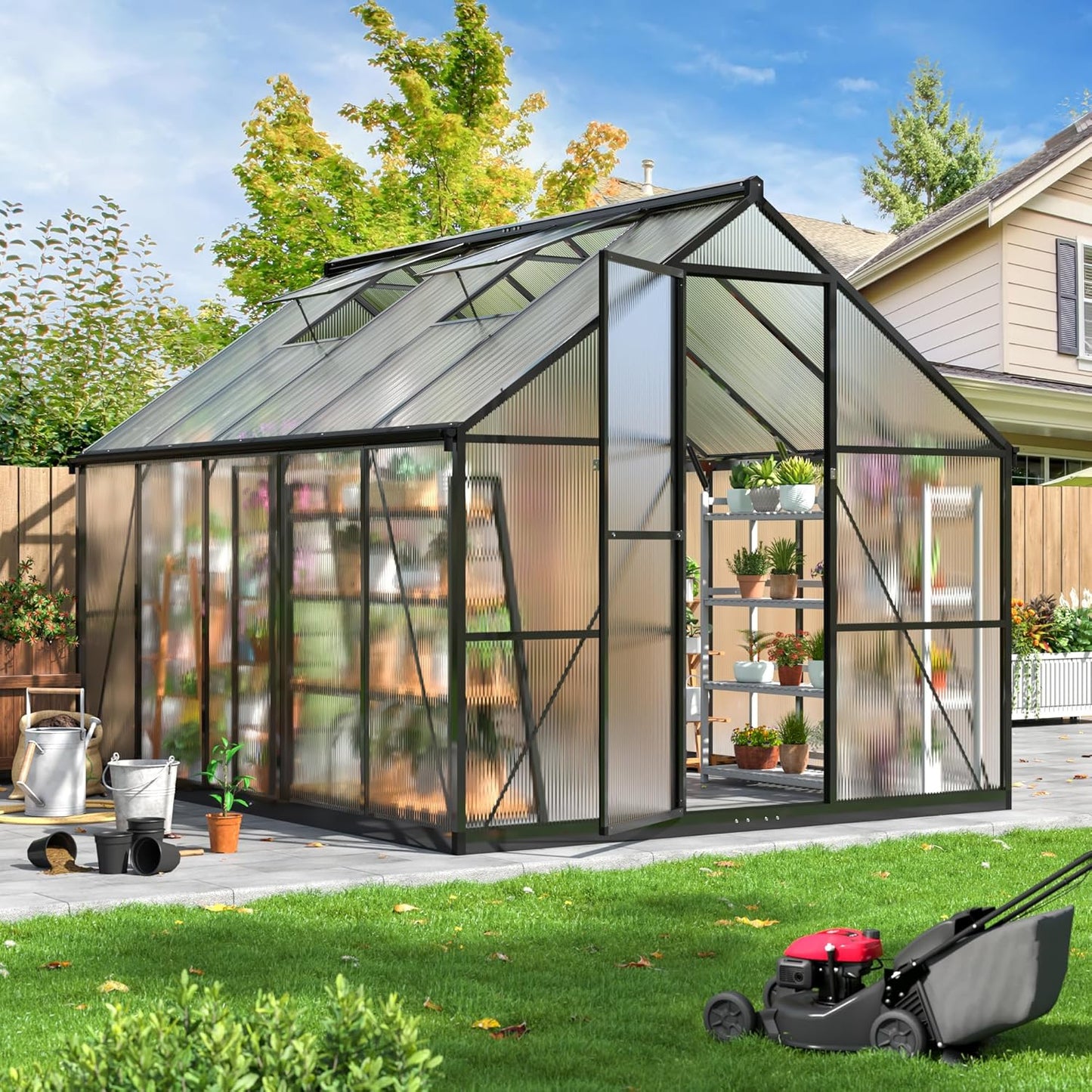 WKM 8x10 FT Greenhouse for Outdoors, Quick-fit Structure Green House with Window for Ventilation, Aluminum Greenhouses for Garden Backyard, Black