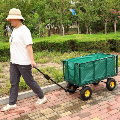 Heavy Duty Garden Wagon with Foldable Sides, Pneumatic Tires, Adjustable Handle (Green + Cloth Pocket)