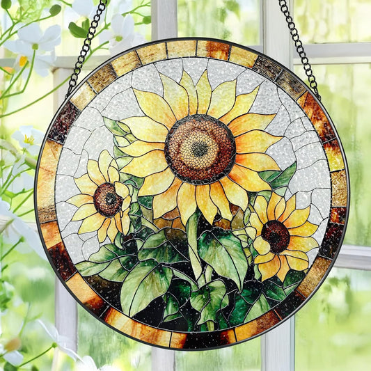 Sunflower Stained Glass Suncatcher, Stained Glass Window Hanging, 8 Inch Sunflower Suncatcher