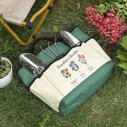 Personalized Garden Tools Set for Women: Custom Text Garden Tool Bag and Garden Shovel & Transplant Shovel & Hand Rake - Gardening Gifts for Mom Grandma Gardening Lover (3 Flowers)