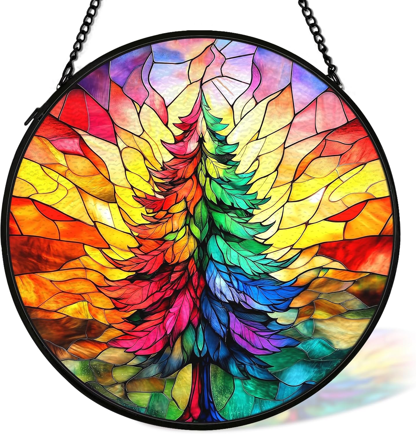Christmas Tree Suncatcher Stained Glass Window Hanging Decor, Colorful Xmas Tree Stained Glass Wall Decor, Christmas Garden Sun Catchers Indoor Window Hanging Wall Art Lawn, 7.9x7.9 Inch