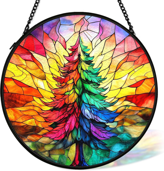 Christmas Tree Suncatcher Stained Glass Window Hanging Decor, Colorful Xmas Tree Stained Glass Wall Decor, Christmas Garden Sun Catchers Indoor Window Hanging Wall Art Lawn, 7.9x7.9 Inch