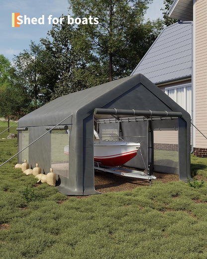 GarveeLife 13x20 ft Carport with 8 Sandbags, Car Port with 220 g PE Tarp, 2 Roll-Up Doors, and 4 Windows, for Full-Size Pickups, Bass Boats, Tractors, and SUVs, Gray