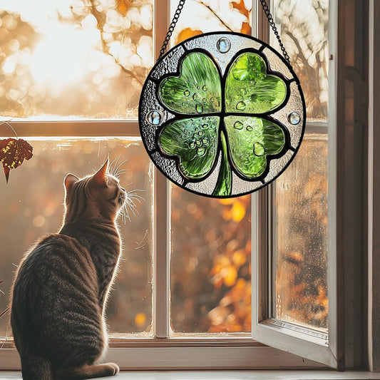 Stained Glass Window Hanging, Green Silver 4 Leaf Clover Sun Catcher for Window Door Home Decor