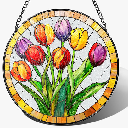 Stained Glass Window Hanging, 8 Inch Tulips Stained Glass Suncatcher, Botanical Lover Gift, Flowers