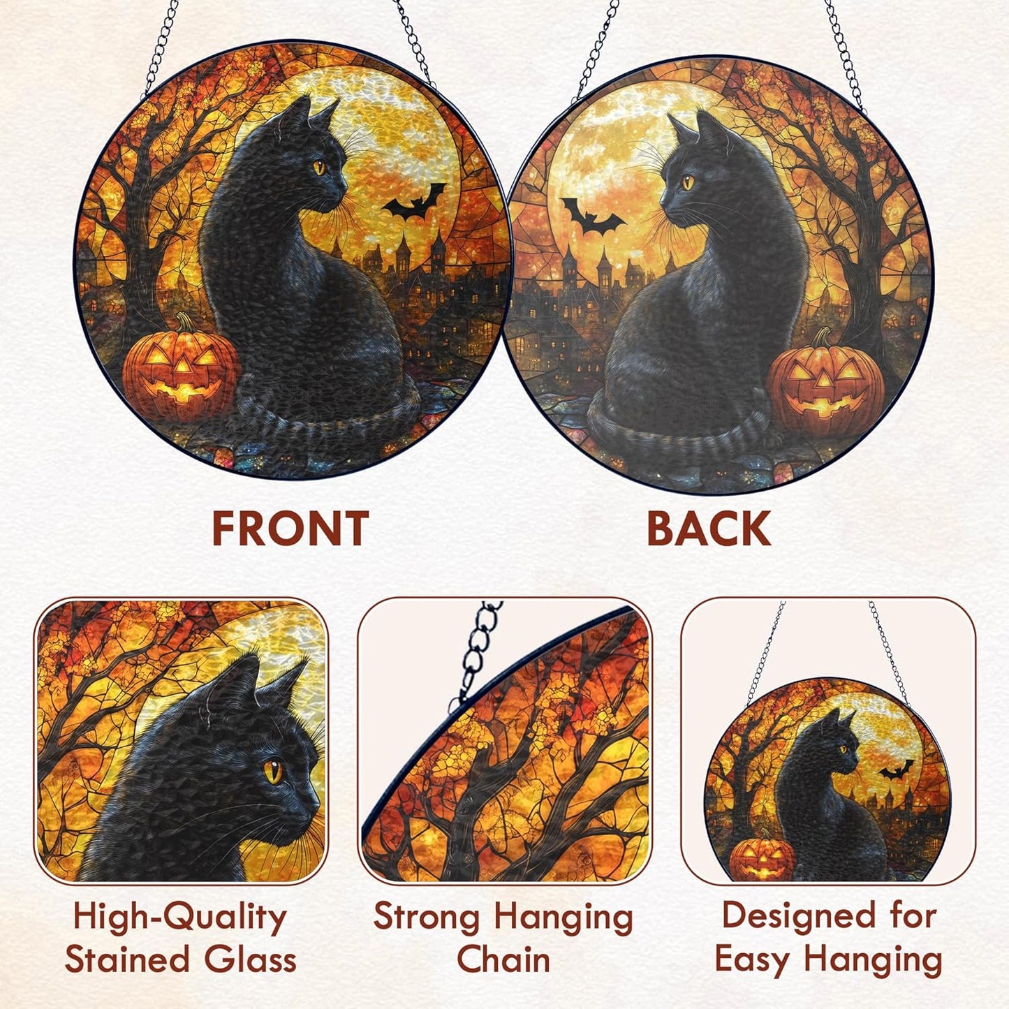 FLAGWIX Halloween Decorations Indoor - Stained Glass Window Hanging 8 in - Black Cat Gifts for Women Men, Witchy Gifts for Cat Lovers, Halloween Sun Catchers Indoor Window, Fall Decorations for Home