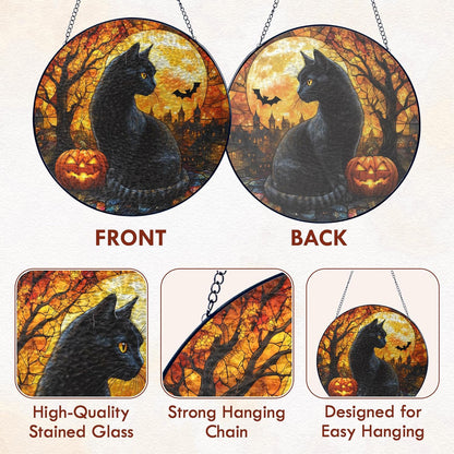FLAGWIX Halloween Decorations Indoor - Stained Glass Window Hanging 8 in - Black Cat Gifts for Women Men, Witchy Gifts for Cat Lovers, Halloween Sun Catchers Indoor Window, Fall Decorations for Home
