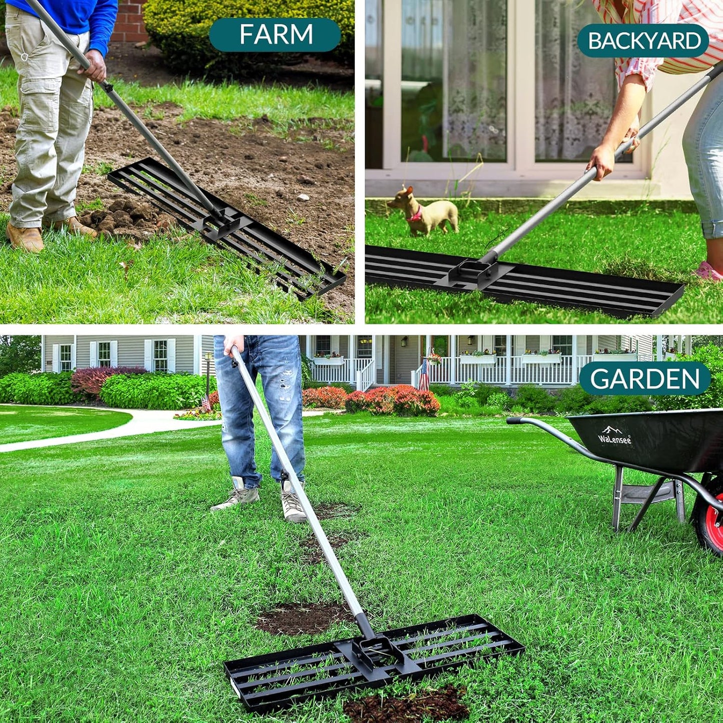 Walensee Lawn Leveling Rake, 7FT 30"x10" Levelawn Tool, Heavy Duty Effort Saving Lawn Level Tool, Steel Handle Lawn Leveler for Yard Garden Golf Course, Ease Level Soil Sand Dirt Surfaces