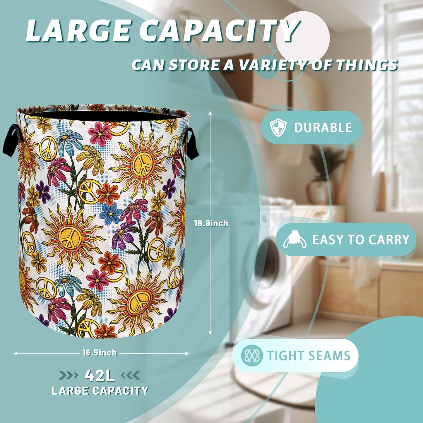 Colorful Hippie Peace Flowers Laundry Basket Foldable With Handles Tote Bag Oxford Cloth Funny Laundry Hamper Clothes Storage Bucket Toy Organizer For Bathroom/Laundry/Bedroom 18.9"x16.5 "