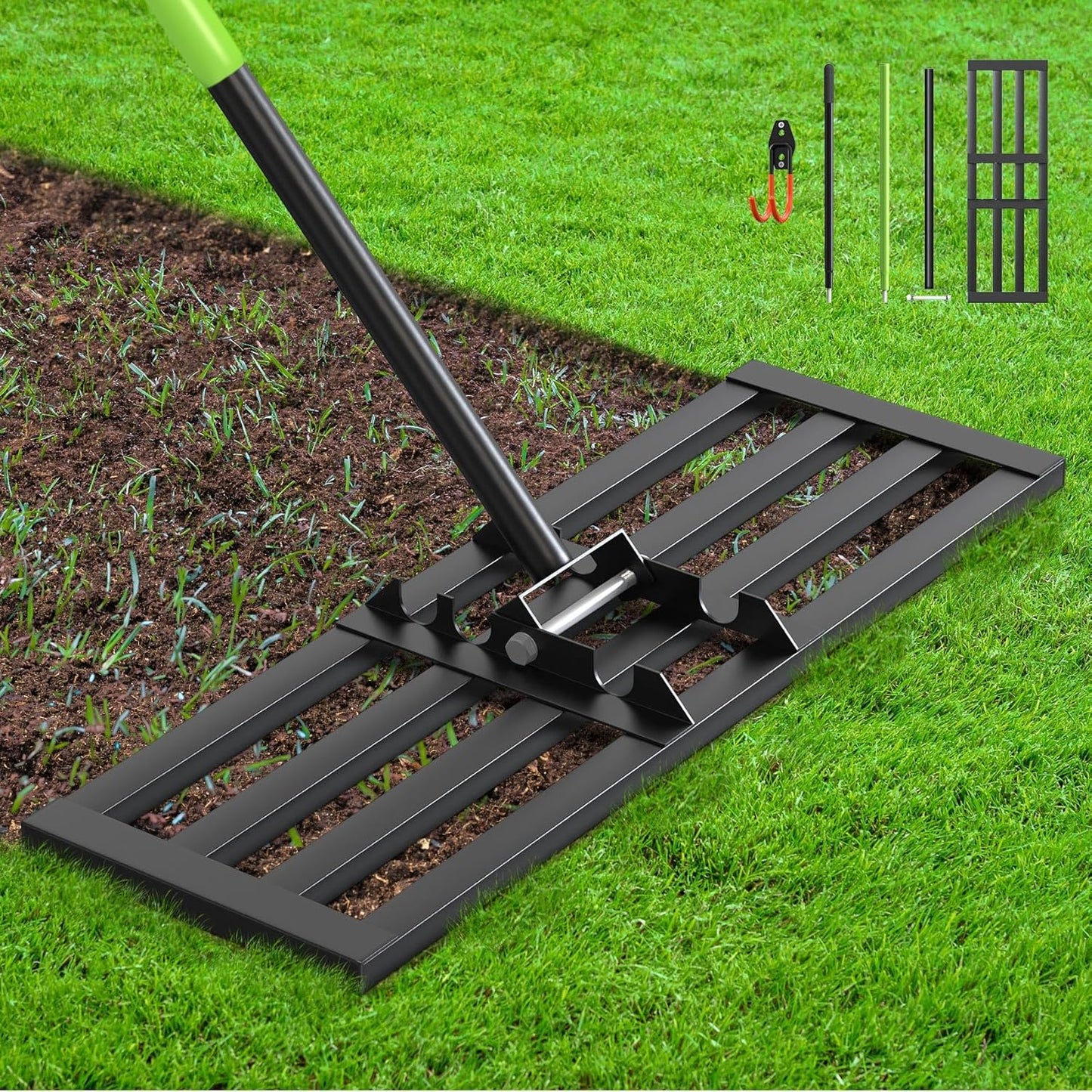 Seeutek Lawn Leveling Rake, 30” x 10” Lawn Leveler with 6.5FT Stainless Steel Handle Rakes for Lawns, 0-180° Adjustable Ground Leveler Tool for Yard, Level Soil Sand Dirt Surfaces