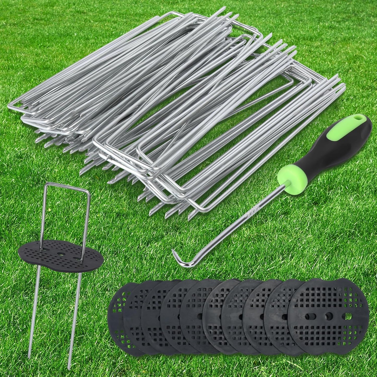 50 Pack Landscape Staples with 50 Pack Gaskets 6" Galvanized Steel Garden Stakes Staples Heavy Duty U-Shaped Lawn Pins for Ground Weed Fabric Barrier Cover Yard Tents
