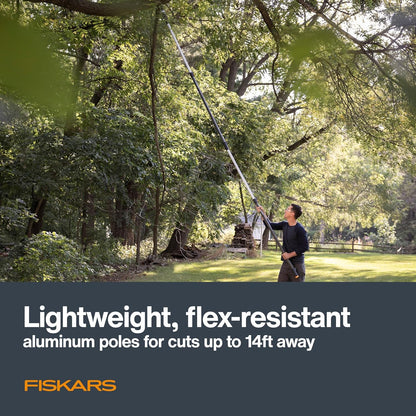 Fiskars XtendControl Extendable Tree Pruner (14 ft), Adjustable Branch Trimmer w/Fixed Pruning Head, 15" X2 Hook Bill Saw, 3-6 ft & 4-8ft Extension Poles, and Automatic Cord Reel for Precise Cuts