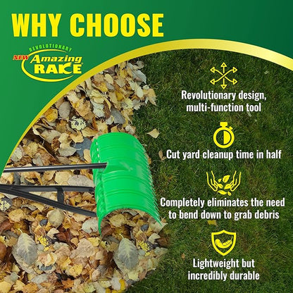 Amazing Rake Back Saving Garden Rake ― Leaf Rakes for Gardening ― Leaf Picker Upper ― Heavy Duty Leaves Claw & Rakes Lawns Garden Tool ― Easy Leaf & Grass Grabber Without Bending Over ― Green