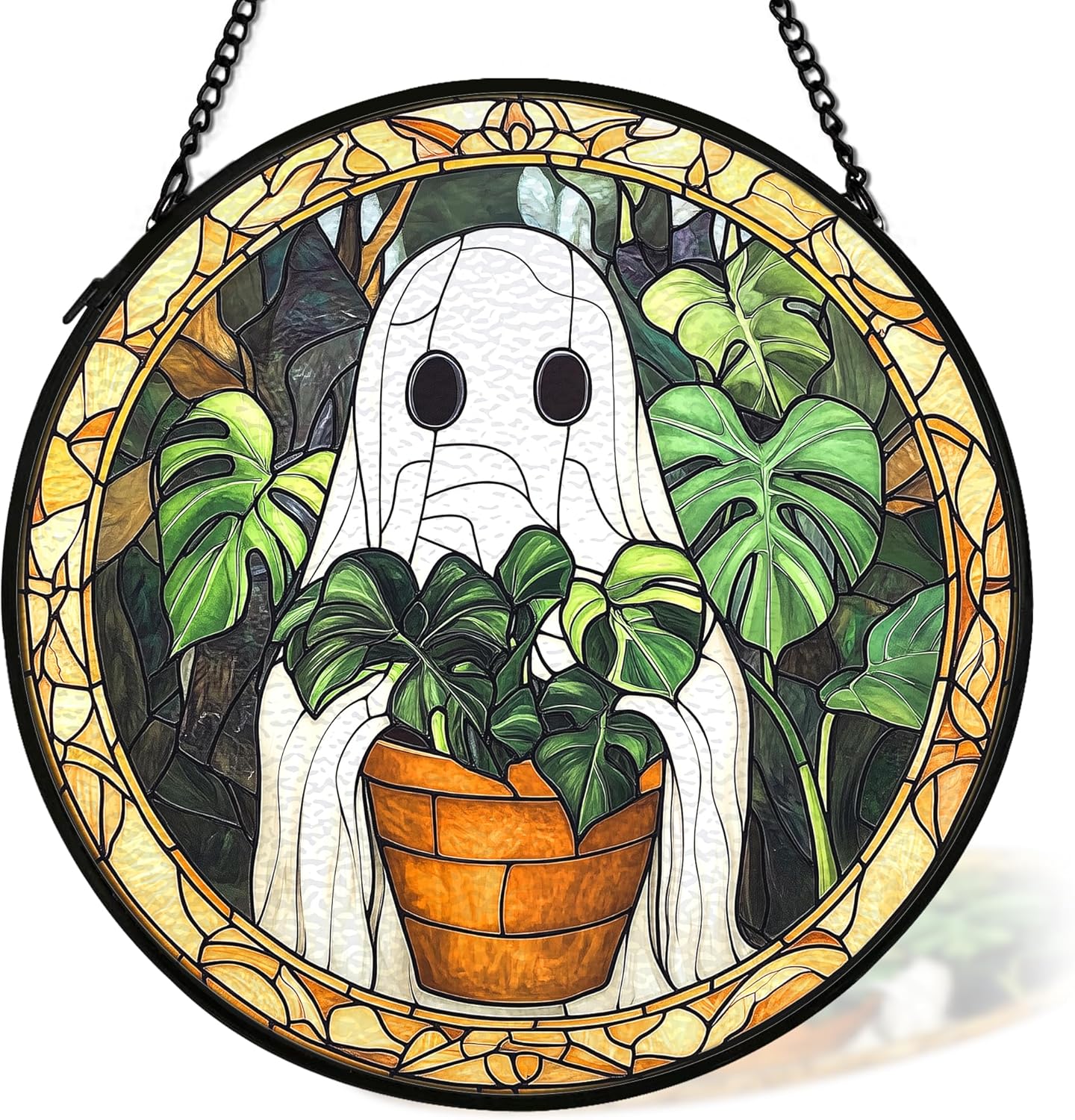 Halloween Ghost Suncatcher Stained Glass Window Hanging Decor, Cute Ghost Stained Glass Wall Decor, Plant Lovers Gifts, Botanical Garden Sun Catchers Indoor Window Hanging Wall Art, 7.9x7.9In
