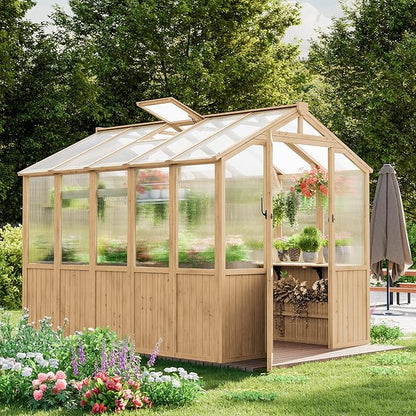 Restland 6x8 FT Wood Greenhouse for Outdoors Reinforced Frame Walk-in Greenhouses with Adjustable Roof Vents & Lockable Door Polycarbonate Green House for Outside