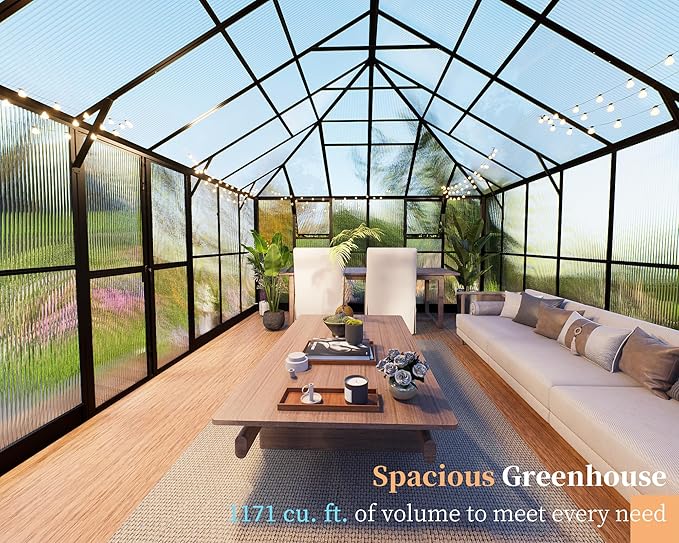 HOWE 16x12x9.5 FT Polycarbonate Greenhouse for Outdoors, Pavilion Style Greenhouse with 4 Vent Windows, Lockable Double Doors, Ideal for Garden & Patio Use, Black