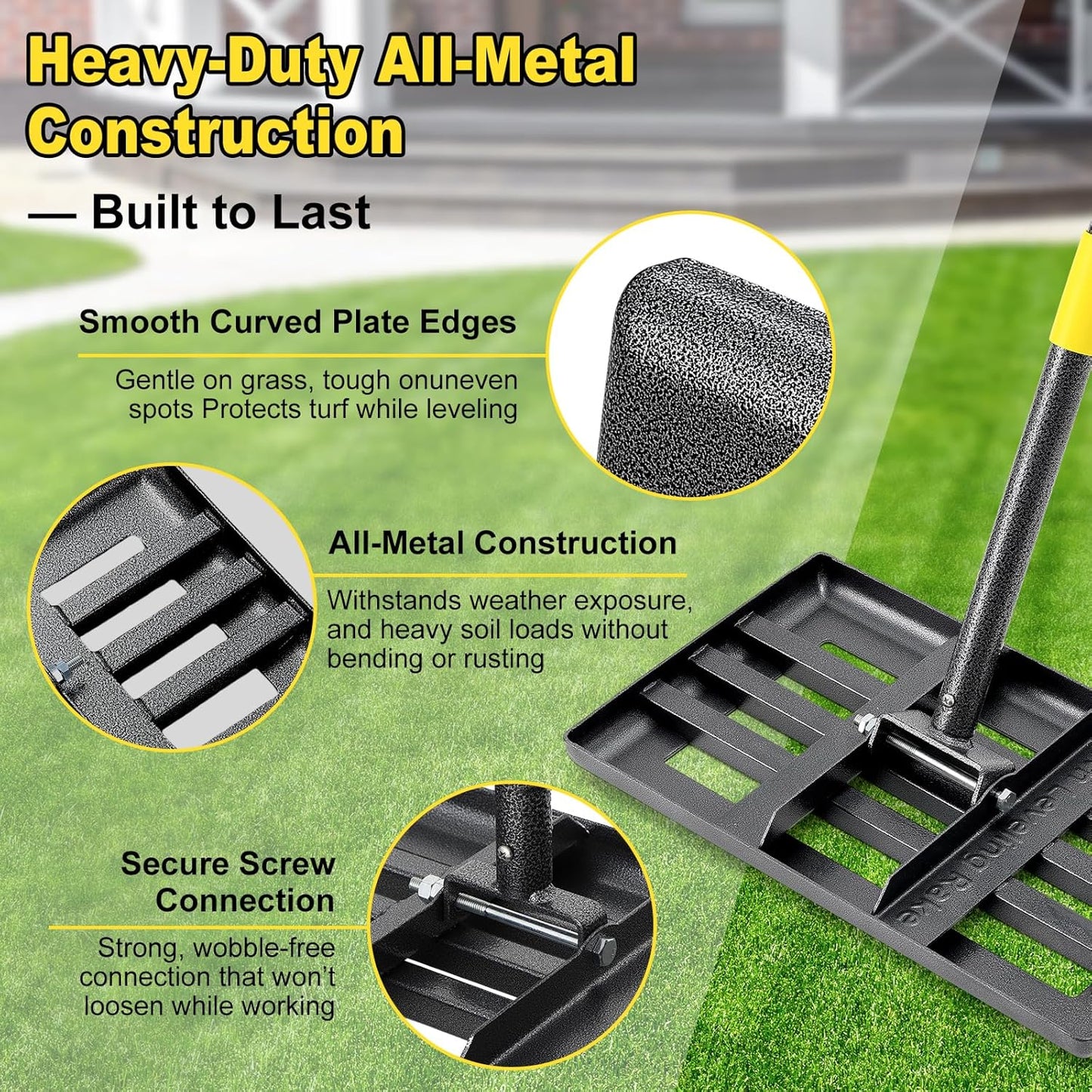 Lawn Leveling Rake, Heavy Duty 17" x 10" Stainless Steel Lawn Leveler for Soil Dirt Leveling Spreading,72" Adjustable Long Handle,Golf Field,Lawn,Tight Spot Landscaping Tool,Ground Leveler for Yard