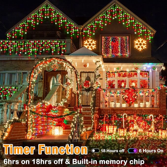 Hezbjiti Christmas Lights Outdoor Decorations,LED Christmas Lights 8 Modes 75 Drops Fairy String Curtain Lights for Christmas Decor Eaves Window Party Yard Garden (Red Green Cold, 1600LED 164FT)