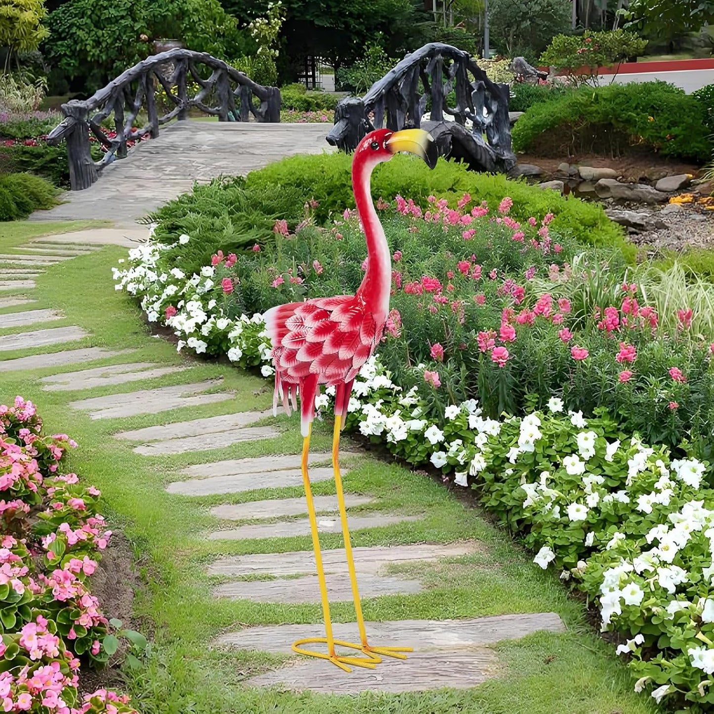 Flamingo Garden Metal Statues - Pink Flamingo Sculptures, Metal Birds Yard Art Outdoor Statue, Outdoor Backyard Decor, Patio, Porch, Lawn Ornament Large Iron Yard Decoration - 33 Inch