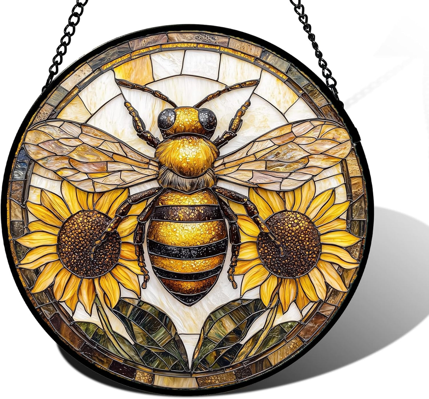 Stained Glass Window Hanging - Bee Sunflower Yellow Suncatcher Ready to Hang Window Doors Home Decoration and Christmas, Mother's Day Birthday Gifts for Women, Men, and Mom 9.8x9.8 in