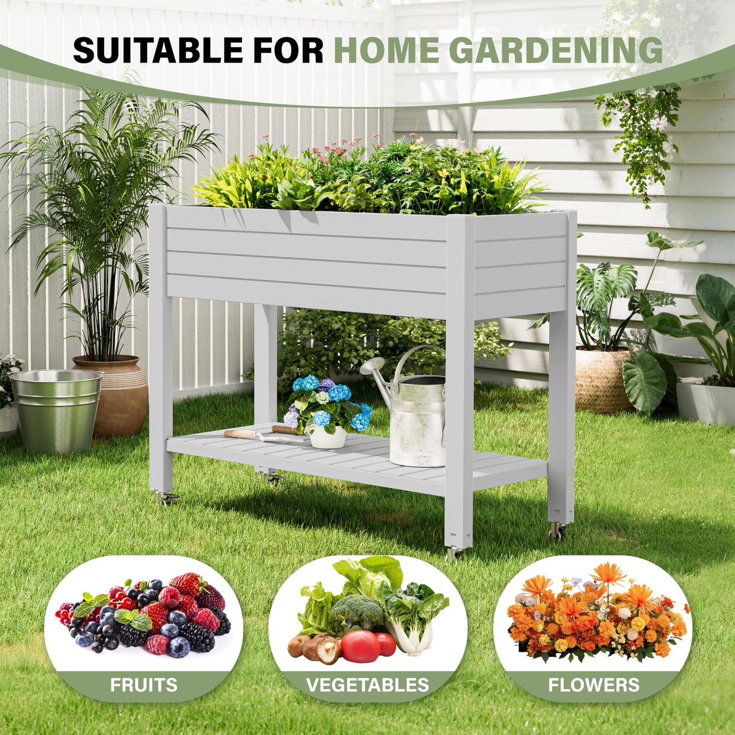 WTFGO Elevate 33.7" Tall Raised Garden Bed with Wheels, Divisible Resin Planter Box with Drainage