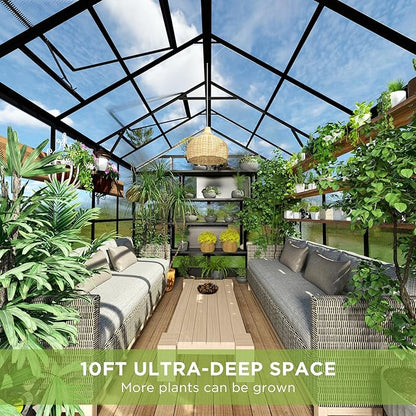 HOWE 8x10x7.5 FT Polycarbonate Greenhouse Double Swing Doors 2 Vents 5.2FT Added Wall Height, Walk-in Large Aluminum Greenhouse Sunroom Winter Greenhouse for Outdoors, Black (54FG-5)