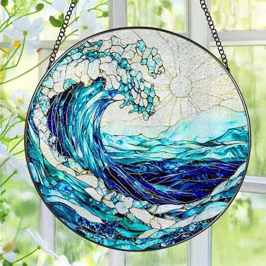 Stained Glass Window Hanging, 8 Inch Ocean Waves Stained Glass Suncatcher, Window Hanging Decor