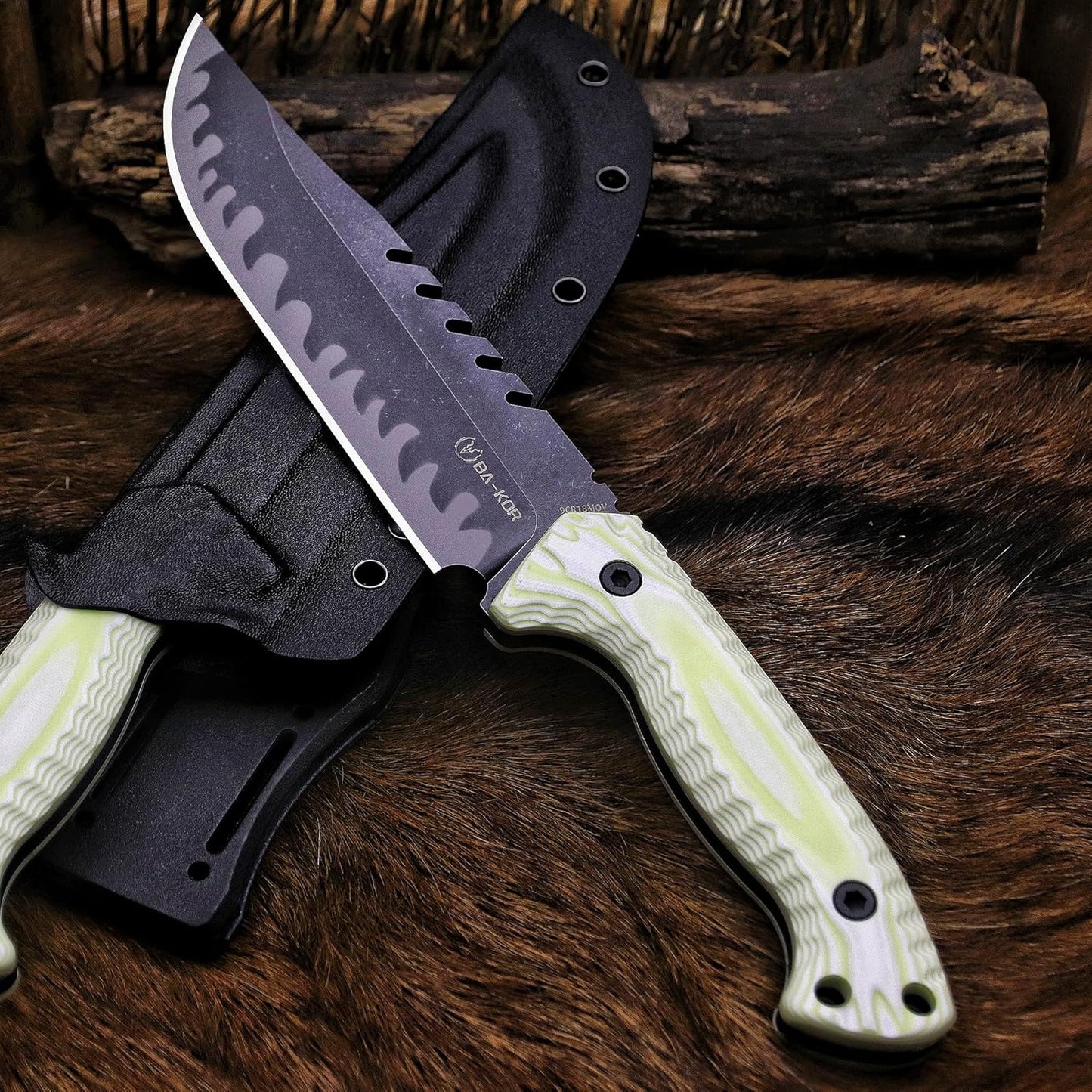 BA-KOR 12.4in Full Tang Fixed Blade Hunting Knife – 6mm 9CR18MoV Steel, G10 Handle, Stonewashed Sawback Blade with Kydex Sheath & Fire Starter for Outdoor, Camping, Survival (White with light green stripes)