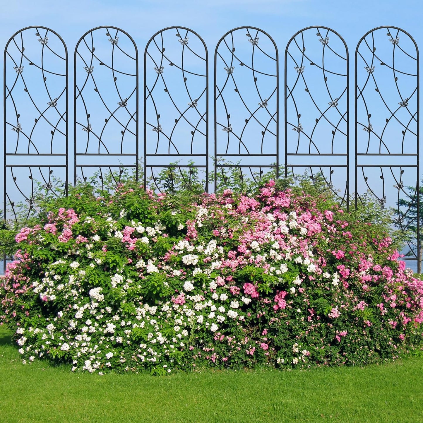 4 Pack Metal Garden Trellis 86.7" Tall Outdoor Climbing Plant Support for Roses, Flowers, Rustproof Durable Black Galvanized Tube, Lawn Garden Fence Decor Screen (4, Black flutter-86.7" H)