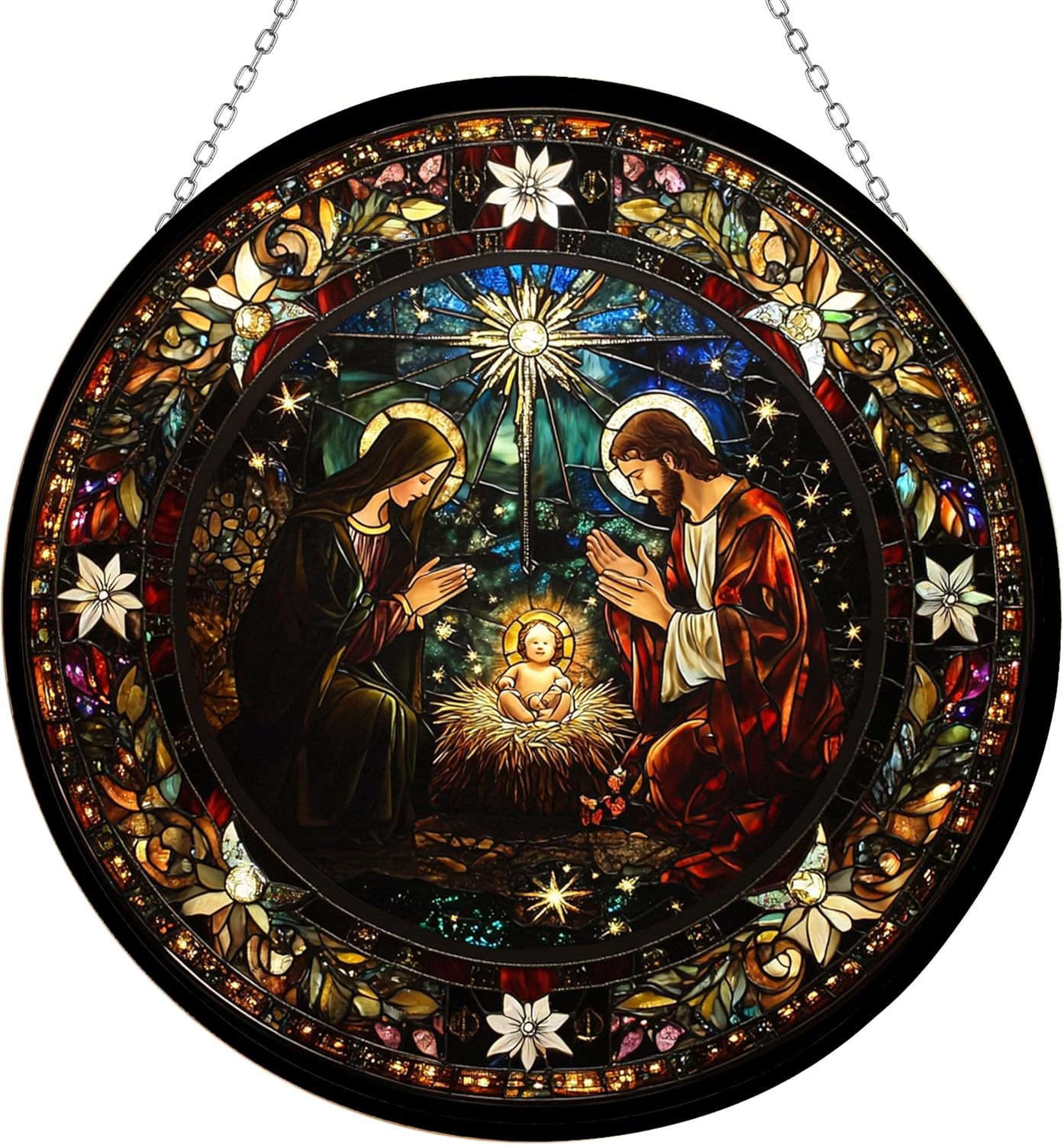 Serene Nativity Mary, Joseph Stained Glass Window Hangings, Handcrafted Stained Glass Suncatchers, Gift for Cat Lovers Nature Lovers