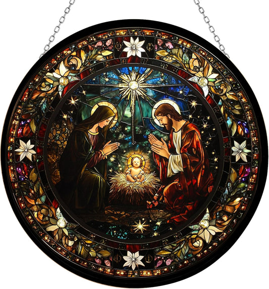 Serene Nativity Mary, Joseph Stained Glass Suncatcher Window Hanging, Gothic Christmas Ornaments