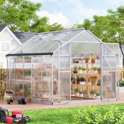8x10 FT Greenhouse for Outdoors, Polycarbonate Green House with Quick Assembly Structure and Roof Vent, Large Aluminum Walk-in Green House for Outside Garden Backyard, Silver