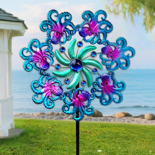48" Octopus Wind Spinners for Yard and Garden,Ocean Theme Outdoor Decor with Metal Stake Yard Spinners,Wind Sculpture Decorations for Patio,Lawn & Garden