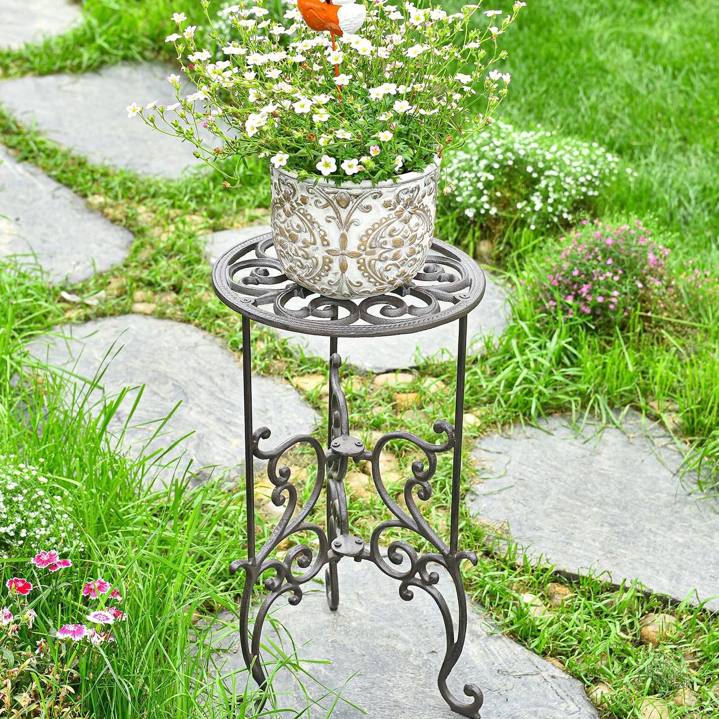 Sungmor Heavy Duty Cast Iron Potted Plant Stand,19.3-Inch 1 Tier Metal Planter Rack,Decorative Flower Pot Holder,Vintage & Rustic Style Indoor Outdoor Garden Pots Container Supports