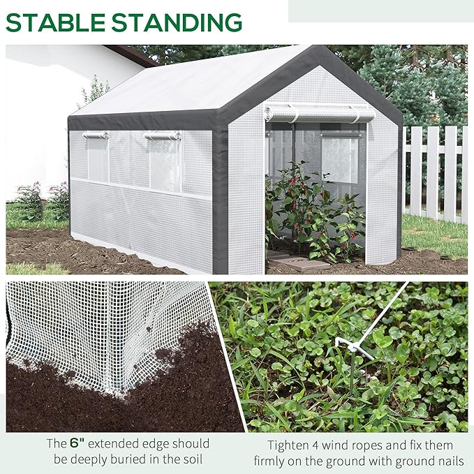 Outsunny 12' x 7' x 7' Walk-in Greenhouse, Outdoor Garden Warm Hot House with 4 Roll-up Windows, 2 Zippered Doors and Weather Cover, White