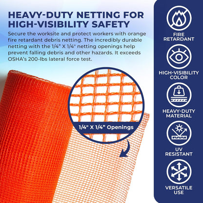 Tarps Now 4' x 150' Orange Safety Netting Roll - Heavy Duty Fire Retardant Safety Nets with 1/4" Openings for Security & Construction Debris Netting, Temporary Mesh Fence, Job Site Net Enclosure
