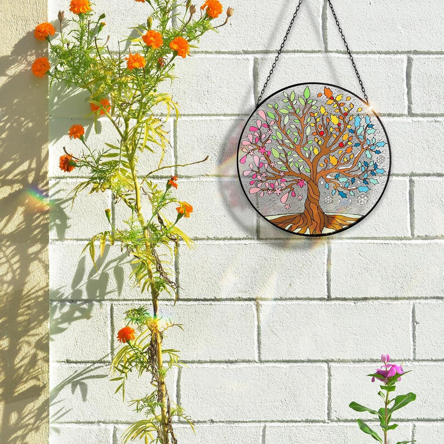 Tuitessine Big Size Tree of Life Stained Glass Suncatcher Four Season Theme Colorful Leaves Wall Window Hanging Ornament Hand-Painted Glass Panel Gift for Women Christmas Thanksgiving Gift 7.9 × 7.9”