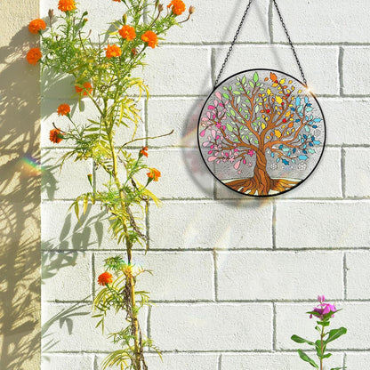 Tuitessine Big Size Tree of Life Stained Glass Suncatcher Four Season Theme Colorful Leaves Wall Window Hanging Ornament Hand-Painted Glass Panel Gift for Women Christmas Thanksgiving Gift 7.9 × 7.9”