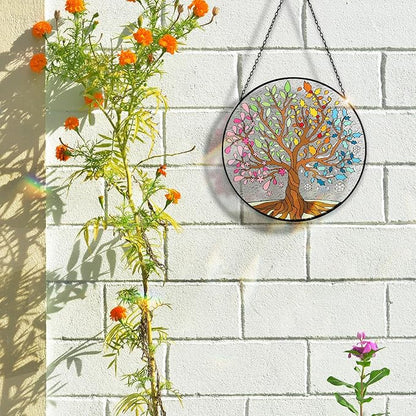 Tuitessine Big Size Tree of Life Stained Glass Suncatcher Four Season Theme Colorful Leaves Wall Window Hanging Ornament Hand-Painted Glass Panel Gift for Women Christmas Thanksgiving Gift 7.9 × 7.9”