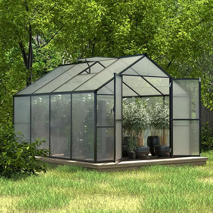 8x8 FT Outdoor Greenhouse Kit, Polycarbonate Aluminum Walk-in Greenhouse with Adjustable Roof Vent and Lockable Door, Backyard Garden in Winter, Gray