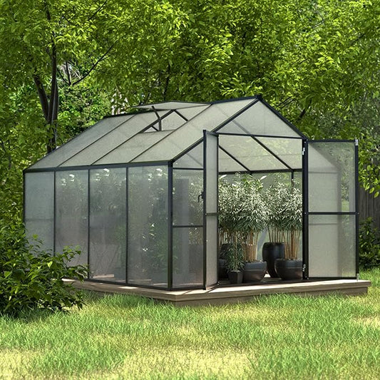 8x8 FT Outdoor Greenhouse Kit, Polycarbonate Aluminum Walk-in Greenhouse with Adjustable Roof Vent and Lockable Door, Backyard Garden in Winter, Gray