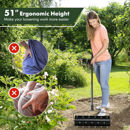 S AFSTAR 21" Manual Lawn Aerator, Heavy Duty Rolling Aerator Lawn Tool Filled Sand Stone with 51" Detachable Handle & Tine Spikes for Soil Loosening, Push Grass Aeration for Garden Yard, Black