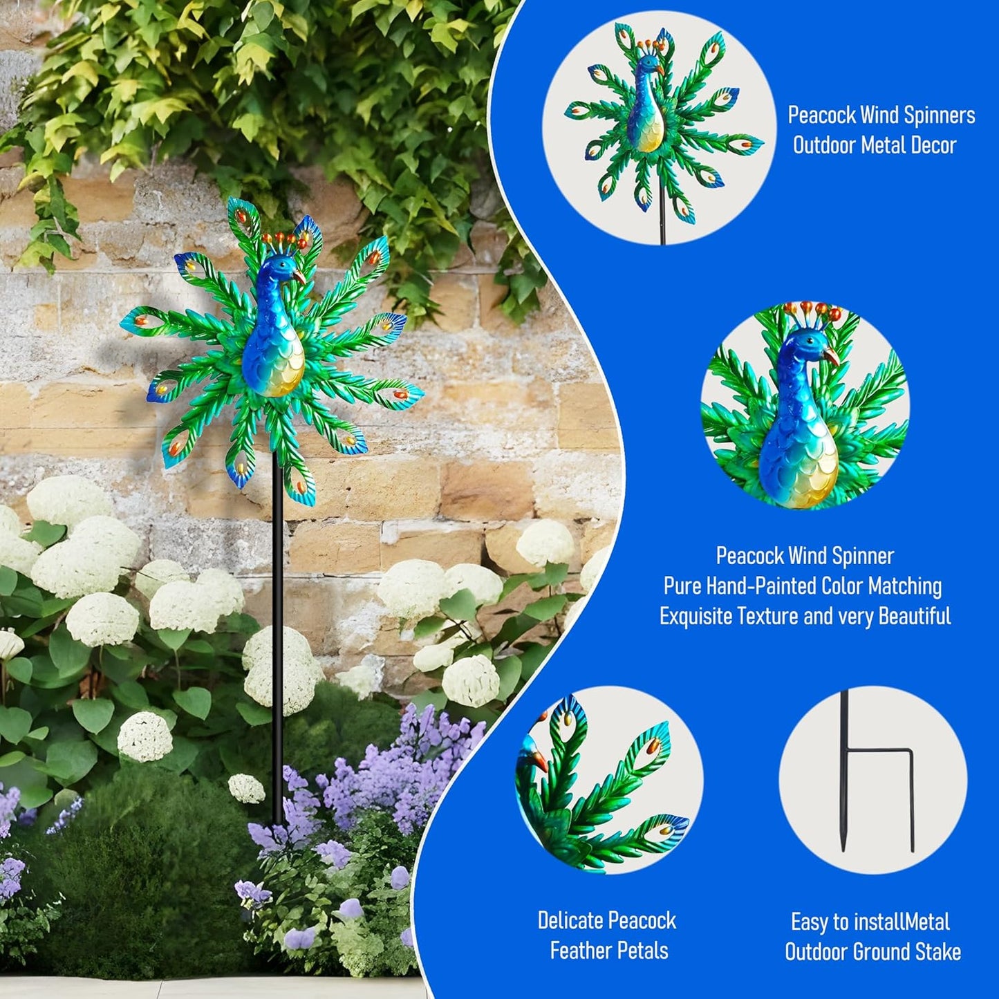Outdoor Wind Spinner, 37" Metal Peacock Wind Spinner, Peacock Sculpture Garden Wind Spinners for Garden Yard Patio Decoration