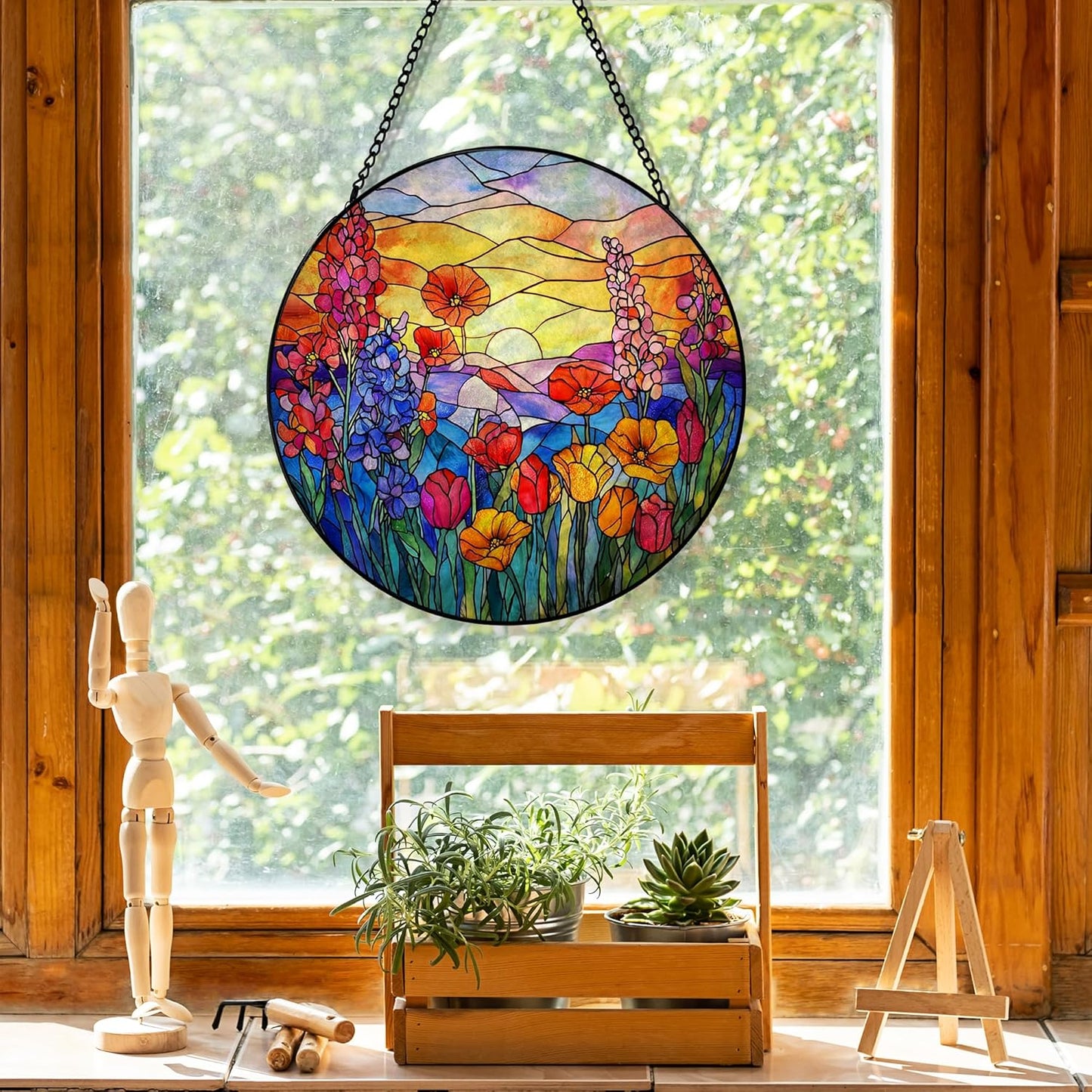 Sunset Flower Suncatcher Stained Glass Window Hanging, Cottagecore Wildflower Sun Catchers Indoor Window Glass Round Wall Decor, Floral Sunset Sunshine Wall Art Hanging Decorations, ＂7.8x7.8＂