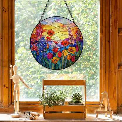 Sunset Flower Suncatcher Stained Glass Window Hanging, Cottagecore Wildflower Sun Catchers Indoor Window Glass Round Wall Decor, Floral Sunset Sunshine Wall Art Hanging Decorations, ＂7.8x7.8＂
