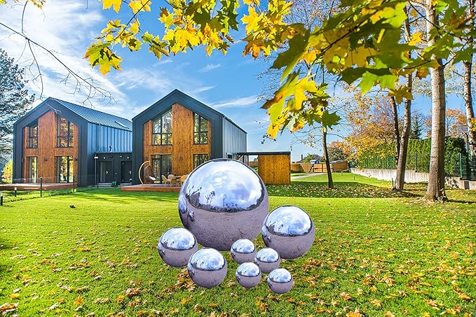Pack of 8 Stainless Steel Gazing Balls Assorted 50-150mm Small Garden Gazing Globes Hollow Mirror Polished Reflective Spheres Seamless Floating Ball for Home Yard Pond Lawn Outdoor Decoration (Silver)