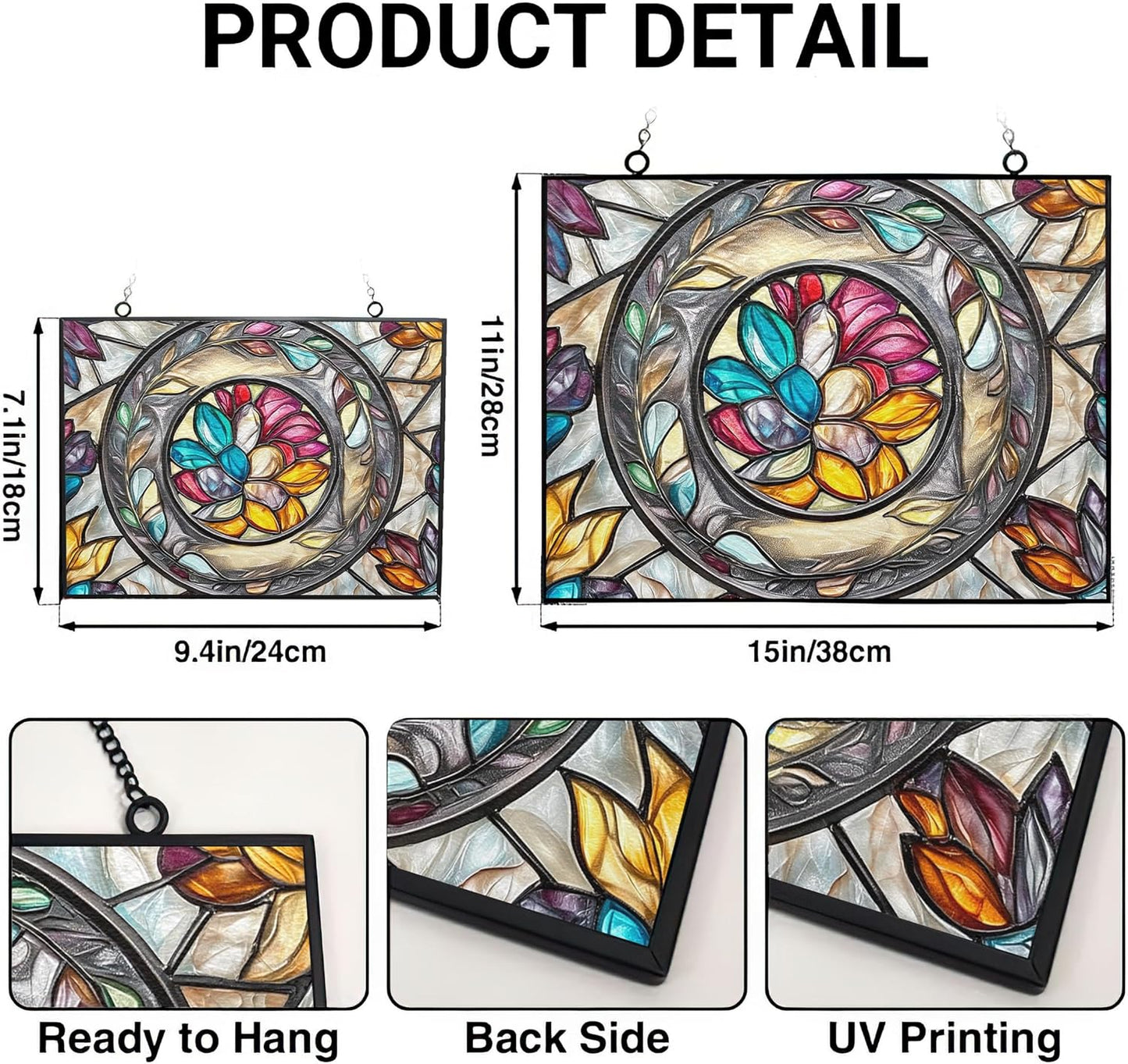 Customized Rectangle Floral Ring Suncatcher Stained Glass Window Hangings Sun Catchers Colorful Ornament Gifts for Women Mom Wife Halloween Christmas Housewarming