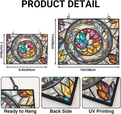 Customized Rectangle Floral Ring Suncatcher Stained Glass Window Hangings Sun Catchers Colorful Ornament Gifts for Women Mom Wife Halloween Christmas Housewarming
