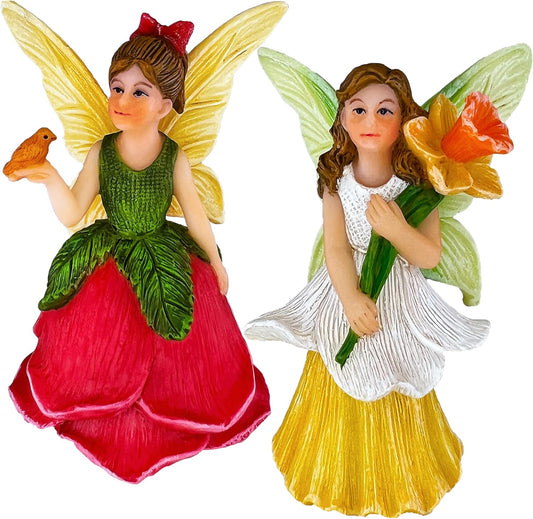 Mood Lab Fairy Garden - Miniature Fairy Figurines - Flower Girls Set of 2 pcs - Narcissus & Rose Fairies Accessories Statue Kit