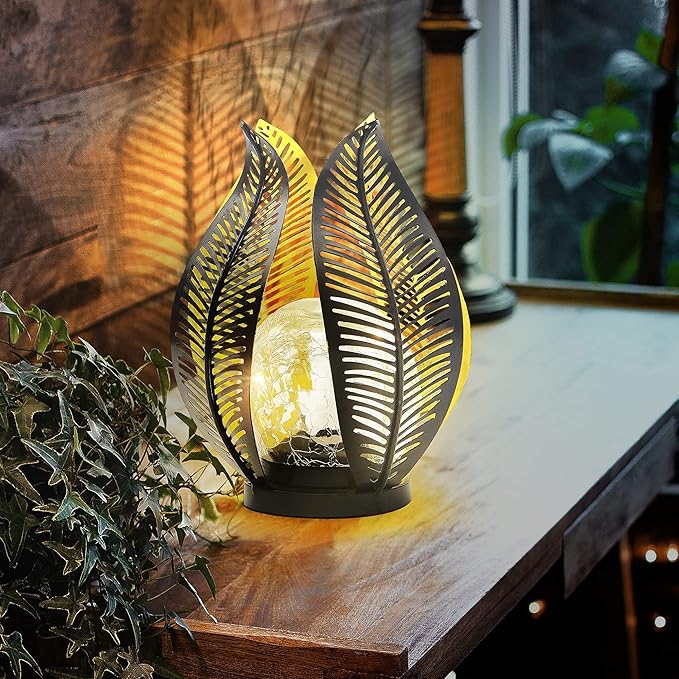 Solar Garden Lights Waterproof Decorations,Crackle Globe Glass,Metal Palm Leaf Solar Lights for Outdoor Decor On Garden,Patio,Yard,Front Porch,Tabletop Lamp-Perfect Gifts